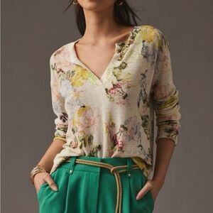 Anthropologie V Neck Floral Printed‎ Lightweight Sweater Size XL